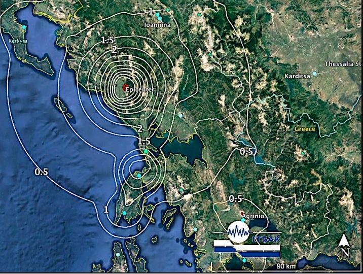 Εικόνα 1. Χάρτης επίκεντρου και μέγιστων εδαφικών επιταχύνσεων του σεισμού 