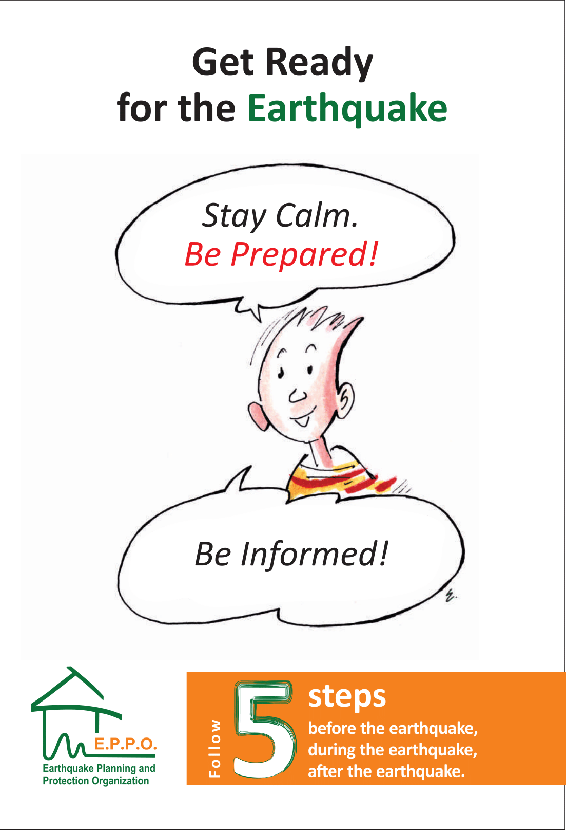 Get Ready for the Earthquake. Follow 5 steps before the earthquake, during the earthquake and after the earthquake